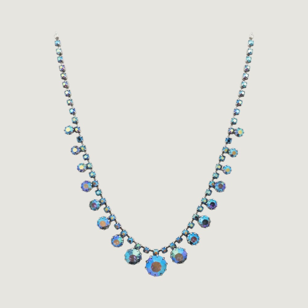 Vintage Blue Aurora Borealis AB Rhinestone Graduated Necklace Silver Tone 15in